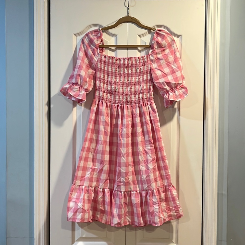 Pink Gingham Smocked Top Dress NWOT